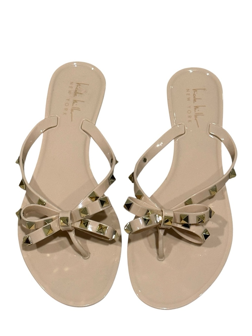Nicole Miller New York Riran Nude Gold Studded Bow Jelly Sandals Size 8